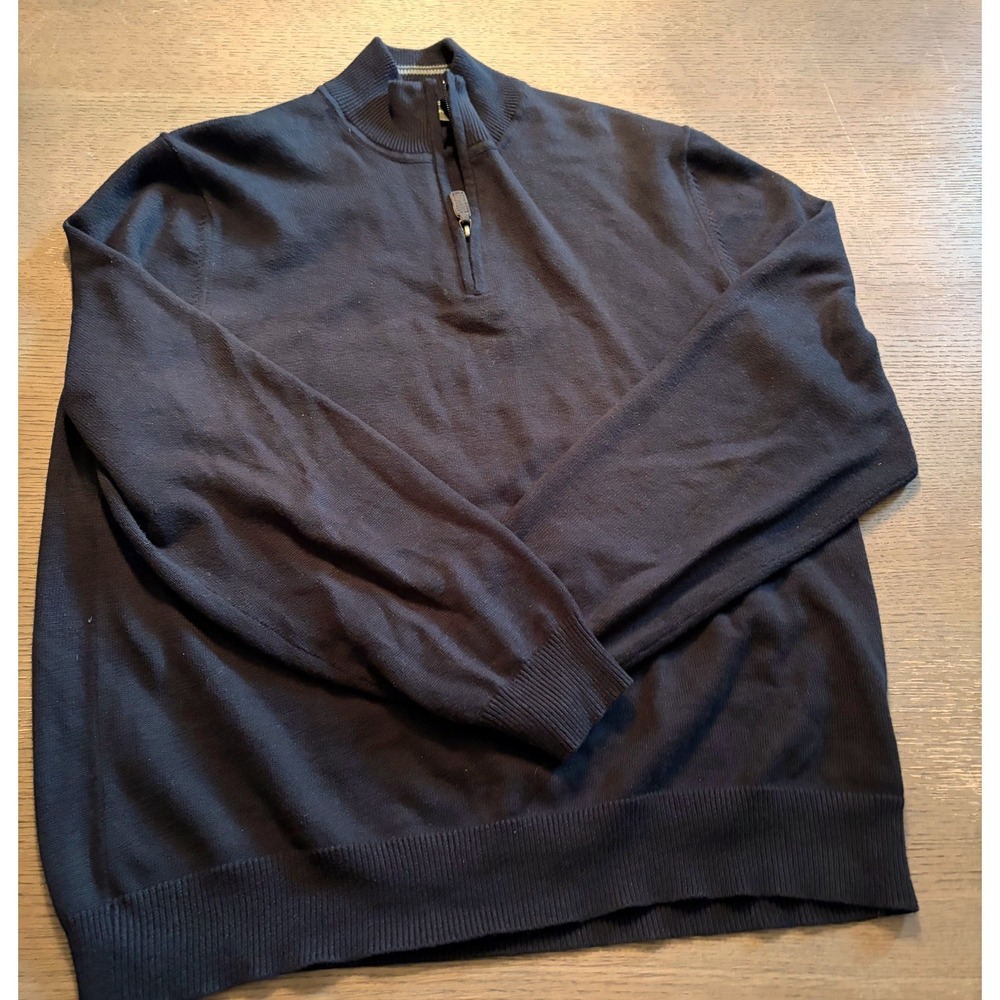 Eddie Bauer Mens Navy Blue Cotton Cashmere Quarter Zip Sweater Large Mock Neck - Picture 2 of 10